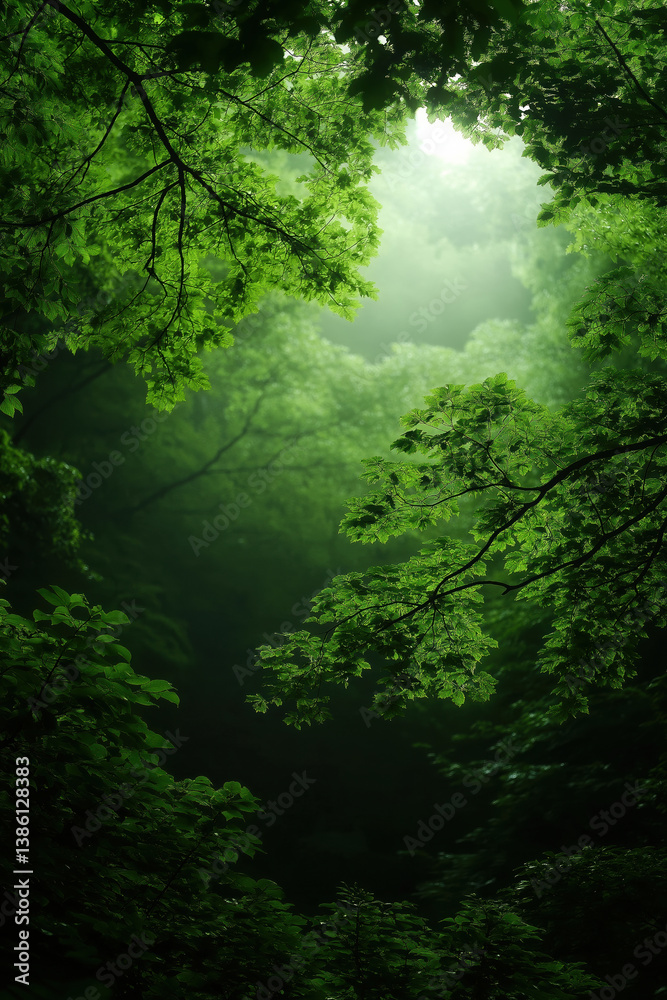 Fototapeta premium Lush green forest canopy with soft light filtering through leaves in early morning hours