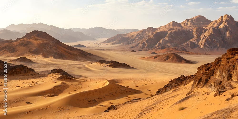 Fototapeta premium Desert landscape with mountains and rocks in Death Valley featuring red sand, dry canyon views, and a scenic sky in the USA