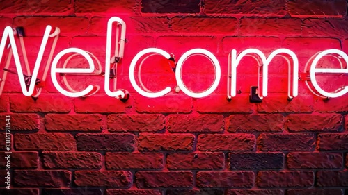 Neon sign Welcome on the red brick wall. The camera zooms in. Neon glow. Invitation Concept video.