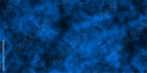 Realistic fog or mist smoke swirls, sky with puffy brush effect. Dark navy blue sky with black background and blurred pattern. Dark blue background for wallpaper and creative design. Blue limestone