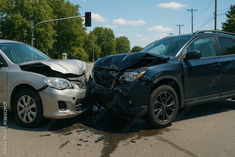Car Collision Scene with Damaged Vehicles on Urban Roadway Car Collision Scene with Damaged Vehicles on Urban Roadway