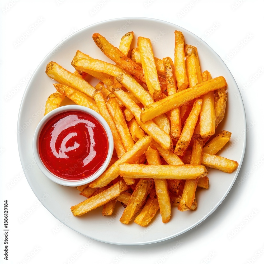 Golden Fried Delight: A delectable plate of golden-brown french fries, expertly arranged and accompanied by a vibrant bowl of ketchup. Perfectly captured in a top-down perspective. Golden Fried Delight: A delectable plate of golden-brown french fries, expertly arranged and accompanied by a vibrant bowl of ketchup. Perfectly captured in a top-down perspective.
