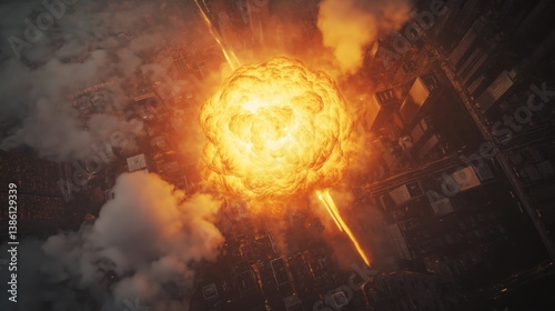 Illustration of City skyline during a ballistic missile impact, showcasing a large, fiery ballistic missile exploding above the city