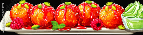 Delicious Vector Illustration of Sweet Fried Dough Balls with Raspberry Syrup Topping Pistachios Fresh Mint Leaf and Creamy Dessert Sauce on Stylish Ceramic Dishware