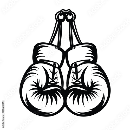 Hanging Boxing Gloves Silhouette, Sports Equipment, Isolated Vector, Black on White