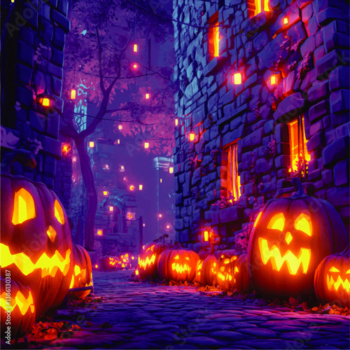 Spooky Halloween Vector Scene with Glowing Carved Pumpkins Lanterns in Mystical Alley Night View Purple Lighting Fantasy Magical Atmosphere Holiday Illustration