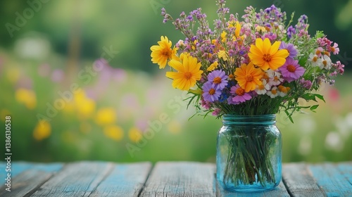 A bouquet of freshly picked wildflowers in a mason jar placed on a rustic wooden table