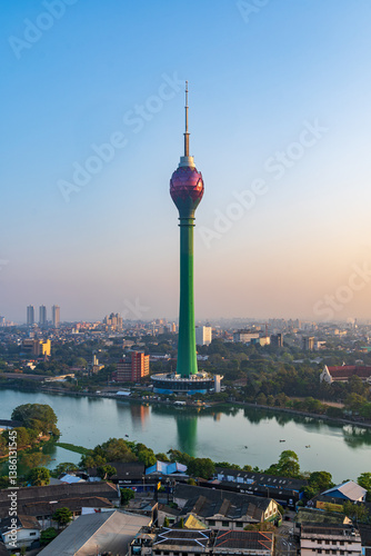 Colombo city skyline at dawn with modern architecture and Lotus Tower.  Travel and architecture.