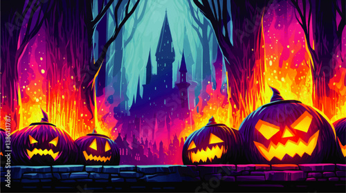 Vivid Spooky Halloween Vector Illustration Featuring Glowing Jack O Lantern Pumpkins Spooky Castle Dark Haunted Forest Mystical Flames and Fantasy Night Background