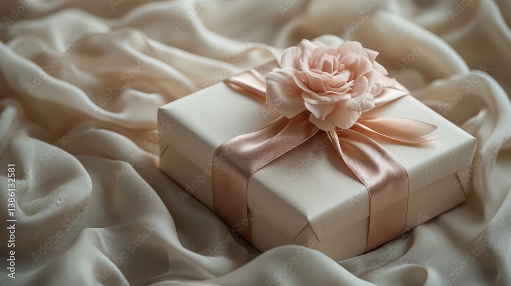 A beautifully arranged gift box with ribbons, placed on a soft fabric with soft lighting A beautifully arranged gift box with ribbons, placed on a soft fabric with soft lighting