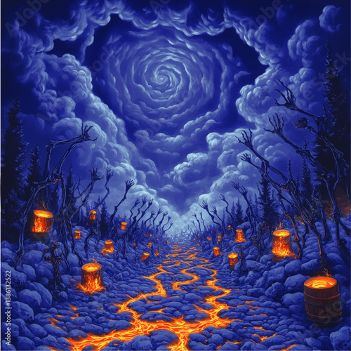Mystical Twisting Cloud Spiral Illuminating Fiery Volcanic Lava Pathway in Dark Fantasy Forest with Glowing Tree Lanterns Eerie Surreal Vector Illustration Art