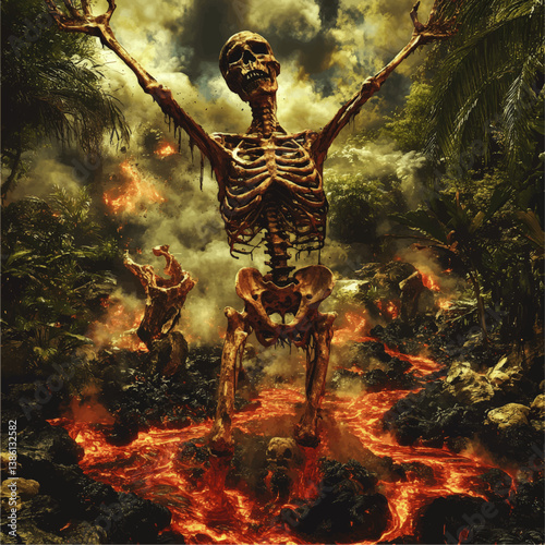 Detailed Vector Illustration of Skeleton Rising Amid Volcanic Lava in Dark Jungle Scene Dramatic Fantasy Art for Horror Adventure and Apocalypse Digital Artwork Design