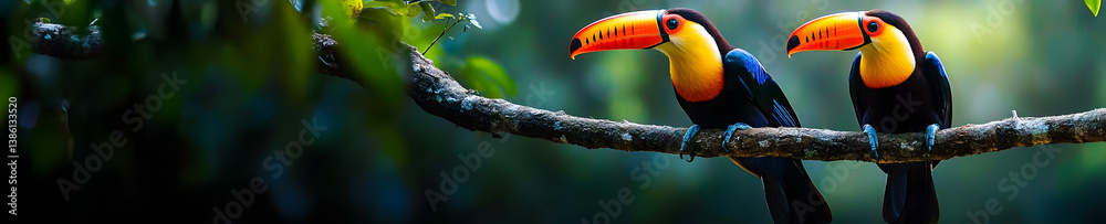 Fototapeta premium Vibrant Biodiversity Storytelling Tropical Toucans in Lush Rainforest Ecosystem - Immersive Ecotourism Conservation Narrative for Sustainable Travel Experiences