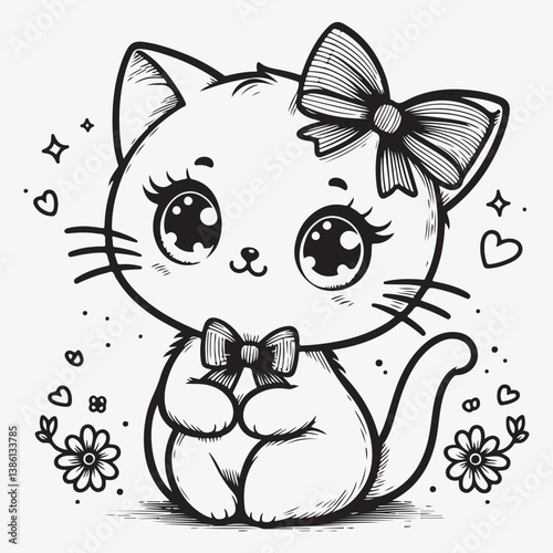 Cute Cartoon kitty with bow stock illustration