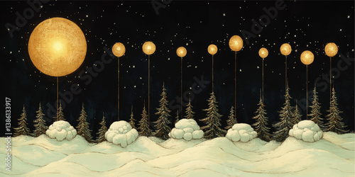 Enchanting Winter Night Scene with Golden Moon Lanterns Hanging Above Snow Covered Pine Trees Whimsical Fantasy Art Illustration Magical Nature Inspired Background