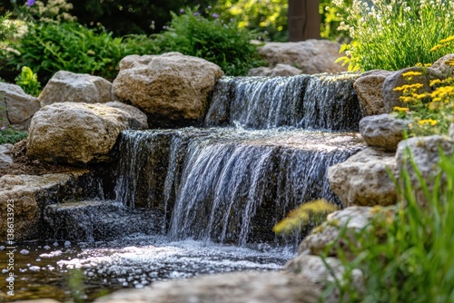 Stunning Stone Garden Waterfall Image Perfect for Landscape Design Projects and Nature Themes
