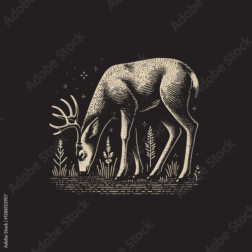 White-Tailed Deer Eating Grass Vector Illustration – Vintage Retro Logo Design on Black Background