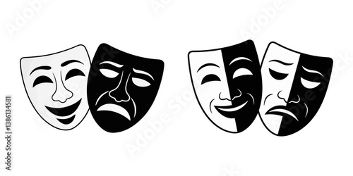 Theater masks in black and white, Comedy And Tragedy Masks, Theatre Comdey & Tragedy Icon on  Black Button with White Rollover, Happy and Sad Theater Masks, Psychology happy and sad masks, Carnival