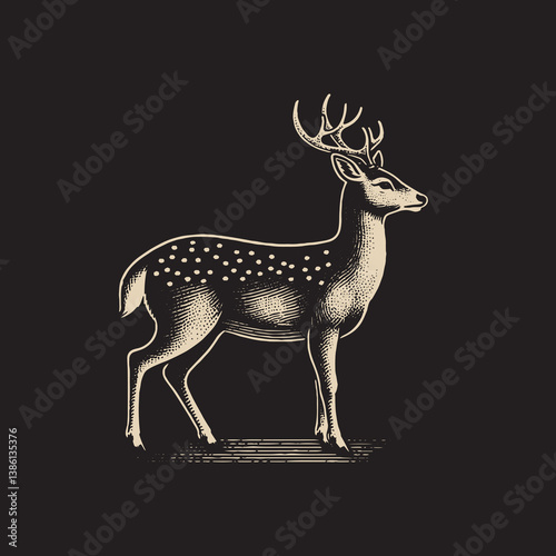 White-Tailed Deer Standing Vector Illustration – Vintage Retro Logo Design on Black Background