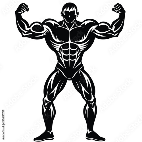 Silhouette Bodybuilder Flexing Biceps with Muscular Physique