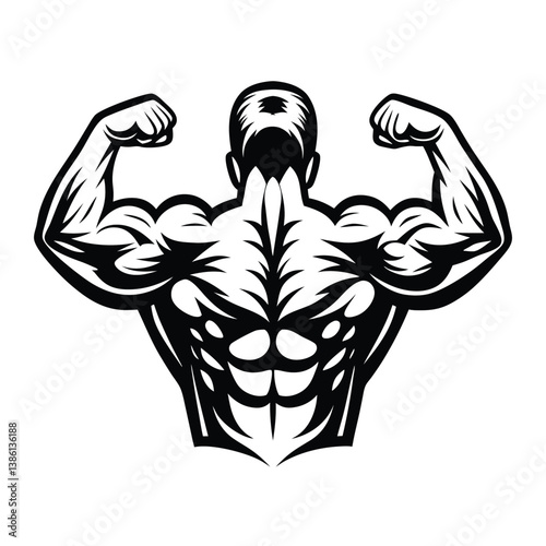 Muscular Bodybuilder Flexing Biceps in Silhouette 