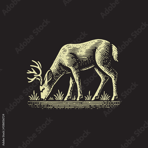 White-Tailed Deer Eating Grass Vector Illustration – Vintage Retro Logo Design on Black Background