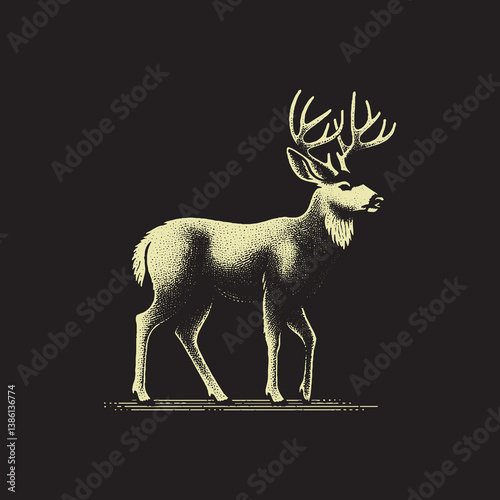White-Tailed Deer Vector Illustration – Vintage Retro Logo Design on Black Background