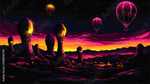 Majestic Fantasy Landscape Illustration with Glowing Hot Air Balloons Starry Sky Abstract Mountains Mystical Alien Structures Sunset Scenery Neon Purple Yellow Lights