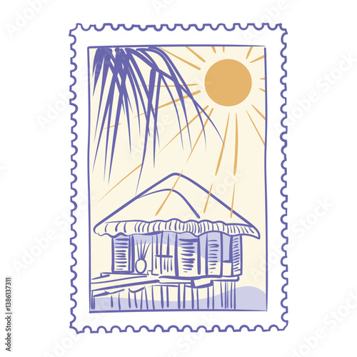 Tropical bungalow on stilts by the sea with palm and summer sun, hand drawn sketch. Hand drawn vintage sticker, travel postcard.  Vector ink isolated illustration in retro style of villa on the beach.