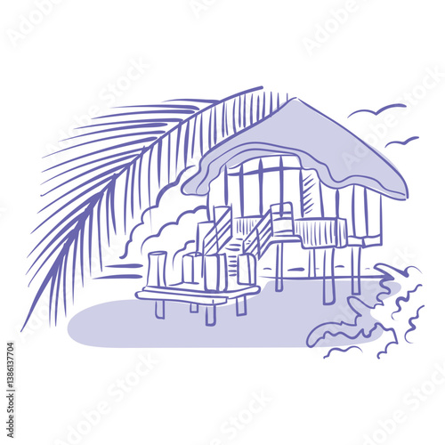 Tropical bungalow on stilts by the sea, hand drawn sketch. Vector travel postcard, summer print or poster. Elegant scenes of coastal or island villa on the beach with palm trees.