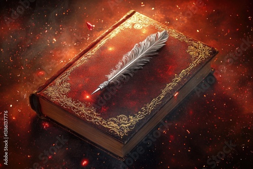An antique book with ornate gold detailing rests on a fiery, ash-filled surface, a quill pen placed atop it.