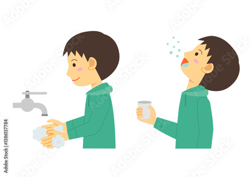 うがいと手洗いをする横向きの子どものイラスト_男児
