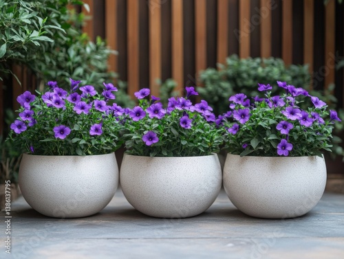 Three elegant white pots filled with vibrant purple calibrachoa flowers adorning a modern outdoor space creating a serene and inviting atmosphere
