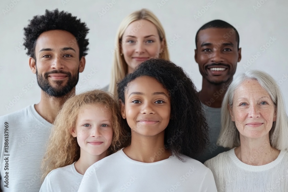 Obraz premium minimalistic portrait of diverse family group of varied ethnicities and ages all in soft focus background