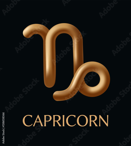 Shiny golden Capricorn zodiac sign with smooth curves on black background, luxurious horoscope concept with elegant style. Vector illustration