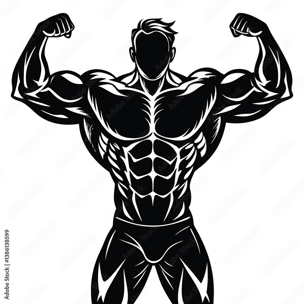 Fototapeta premium Silhouette Bodybuilder Flexing Muscles, Black and White Illustration, 