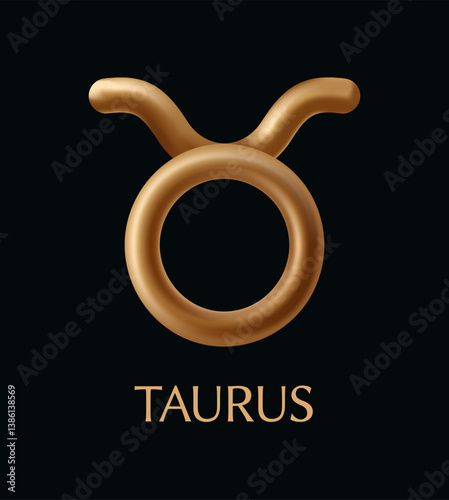 Golden Taurus zodiac sign with metallic effect in a minimalist style on a black background, representing astrology, horoscope, and star sign concept. Vector illustration