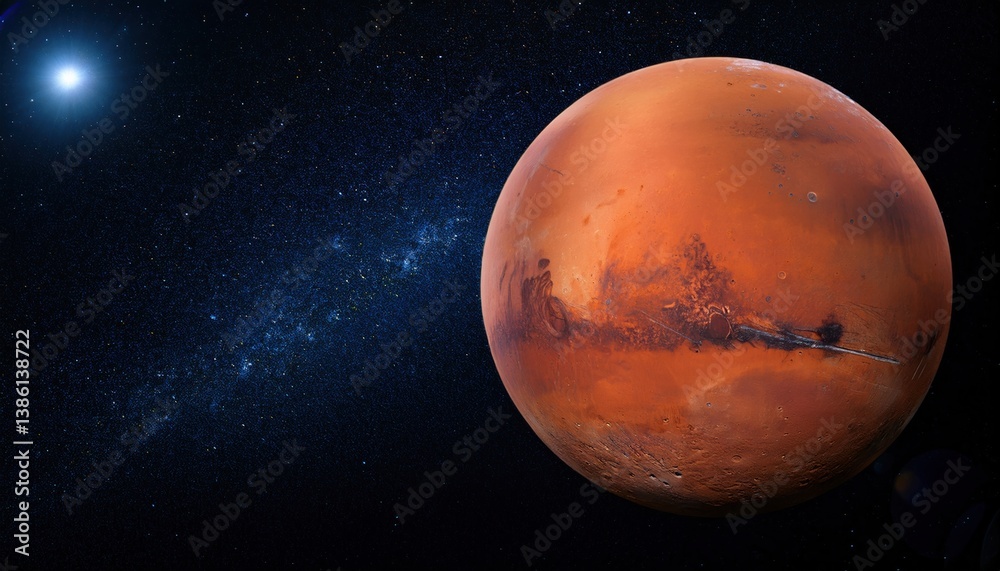 Obraz premium Mars in space: luminous stars, galaxy, and red planet