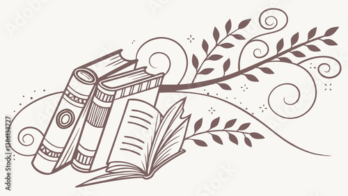 Elegant Book Illustration with Flourishing Branches A Hand-Drawn Design