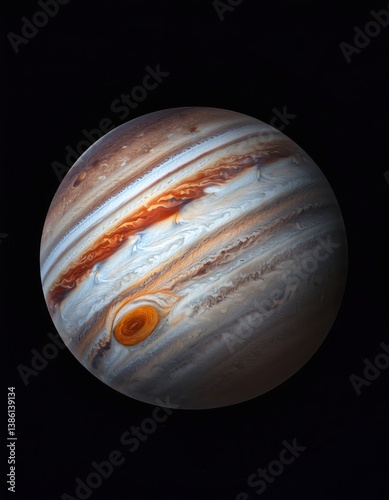 Vivid jupiter with great red spot and cloud bands in space