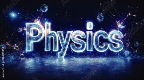 Physics Vector Illustration with Futuristic Glowing Text and Celestial Inspired Abstract Background Featuring Gravitational Waves Molecules Atoms and Space Elements