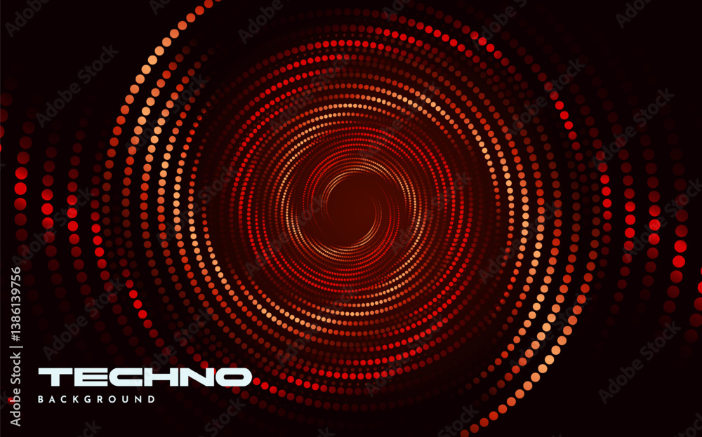 Abstract circular tunnel made of red and orange gradient dots on a dark background, in a techno digital concept for music or party themes. Vector illustration