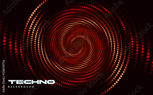 Abstract circular tunnel made of red and orange gradient dots on a dark background, in a techno digital concept for music or party themes. Vector illustration