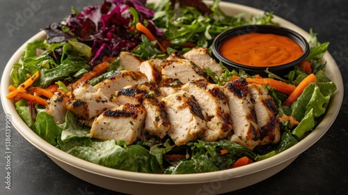 A close-up of a freshly made salad with grilled chicken, mixed greens, and dressing