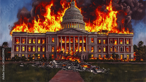 Dramatic Detailed Vector Illustration of Government Capitol Building with Columns Consumed by Massive Flames and Fire Thick Smoke Disaster Crisis Digital Concept Art
