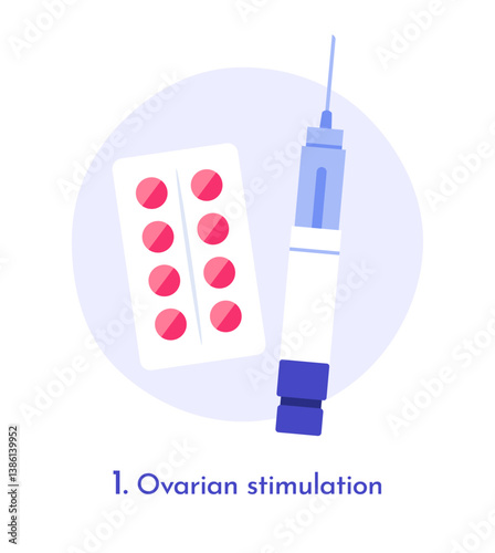 Medical illustration showing ovarian stimulation with pills and syringe, flat graphic style on white background, concept of fertility treatment. Vector illustration