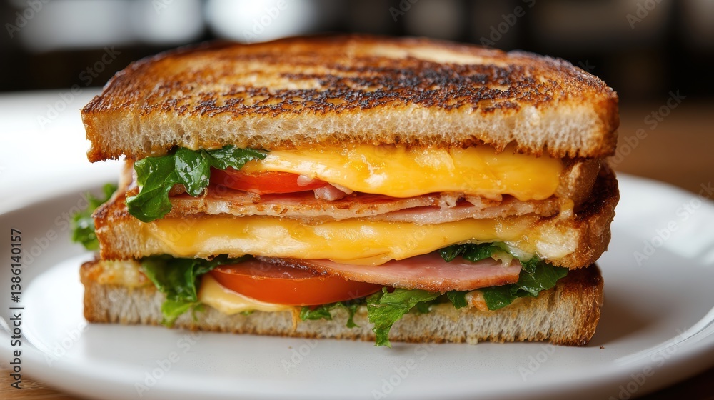 A close-up of a delicious sandwich with cheese, lettuce, tomato, and ham, stacked on a plate A close-up of a delicious sandwich with cheese, lettuce, tomato, and ham, stacked on a plate