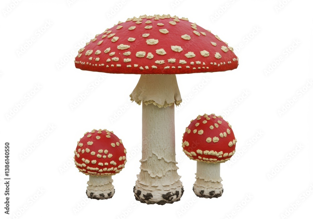 Obraz premium Three fly agaric mushrooms with red caps and white spots isolated on a white background view from front