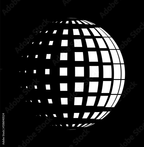 Abstract black and white globe made of square grid tiles on a black background, representing digital technology, networks, and global connectivity. Vector illustration