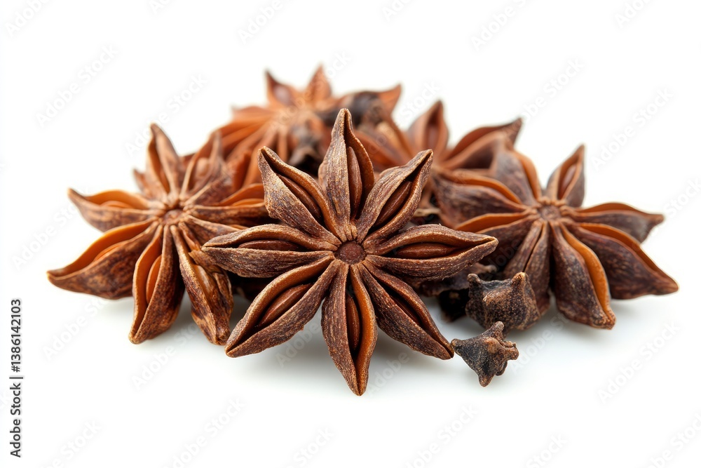 Pile of Star Anise Pods Close-up on White Background for Culinary Use Pile of Star Anise Pods Close-up on White Background for Culinary Use